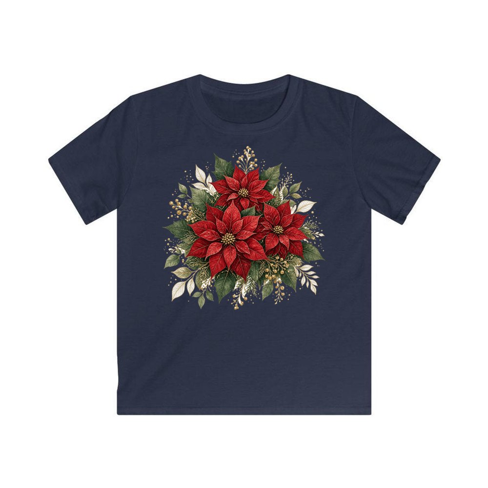 Red Poinsettia Bouquet personalised kids Christmas tee in navy