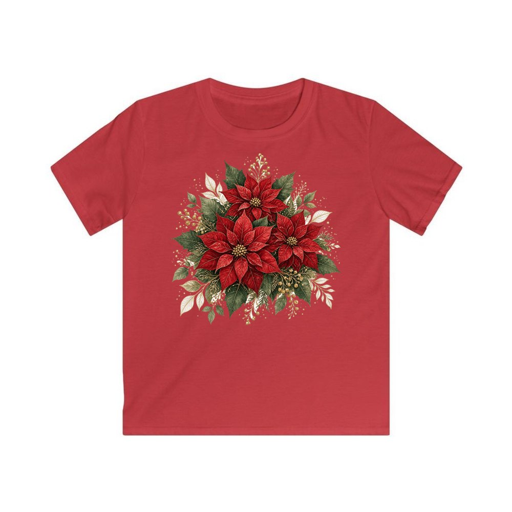 Red Poinsettia Bouquet personalised kids Christmas tee in red