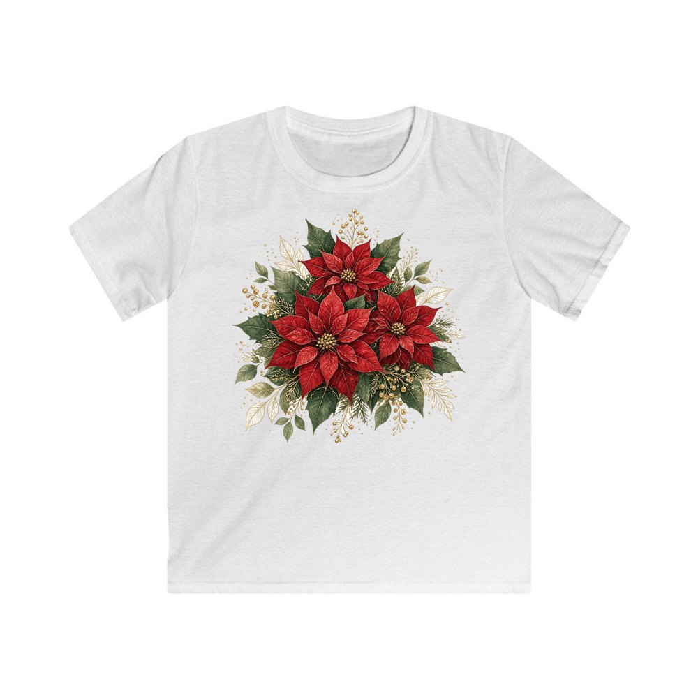 Red Poinsettia Bouquet personalised kids Christmas tee in white