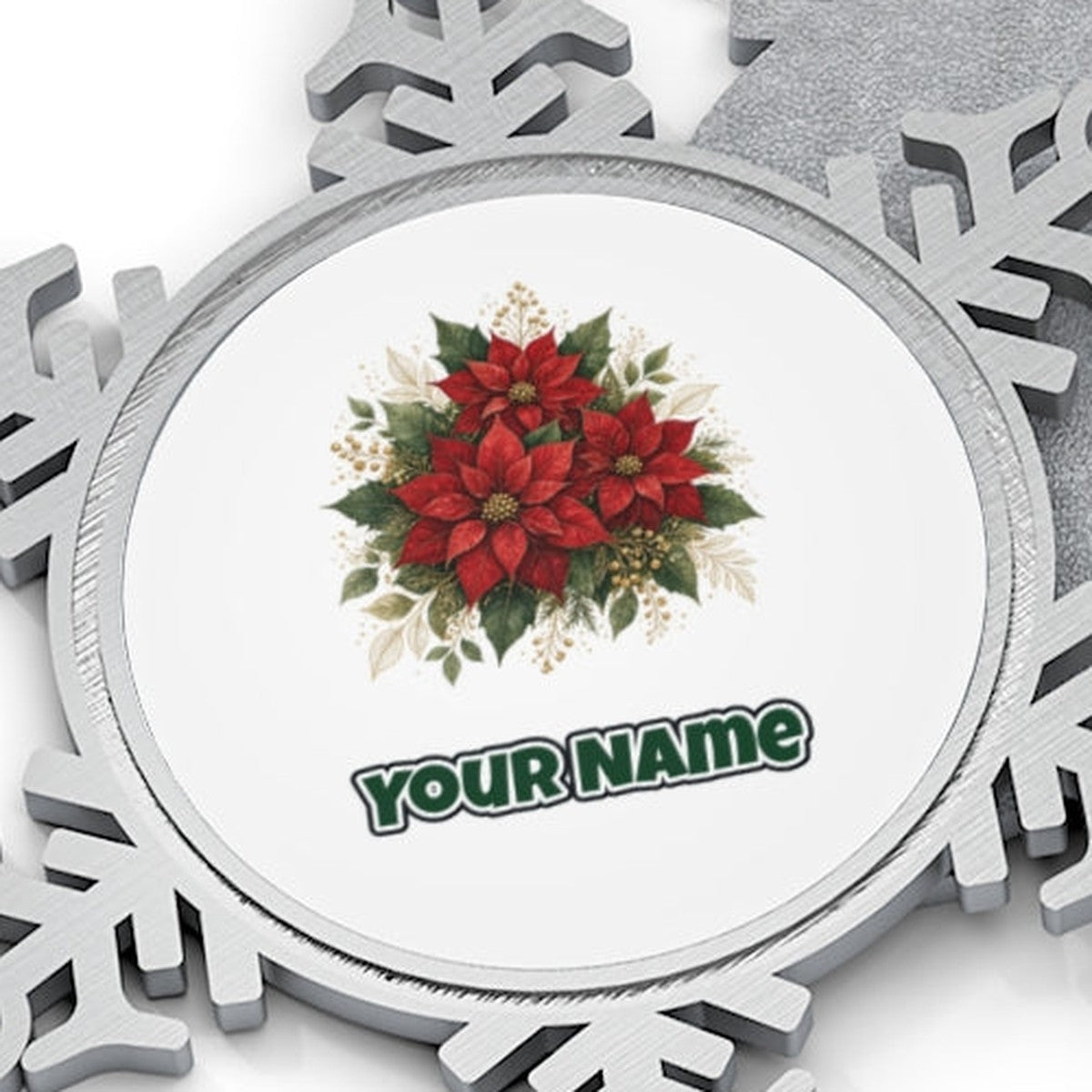 Red Poinsettia Bouquet Personalised Pewter Christmas Ornament