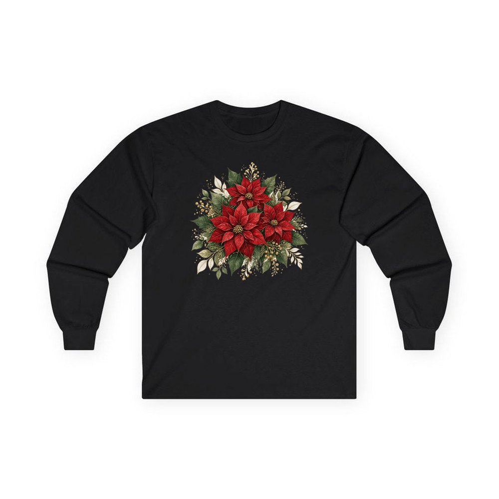 Red Poinsettia Bouquet personalised long sleeve Christmas T-shirt in black