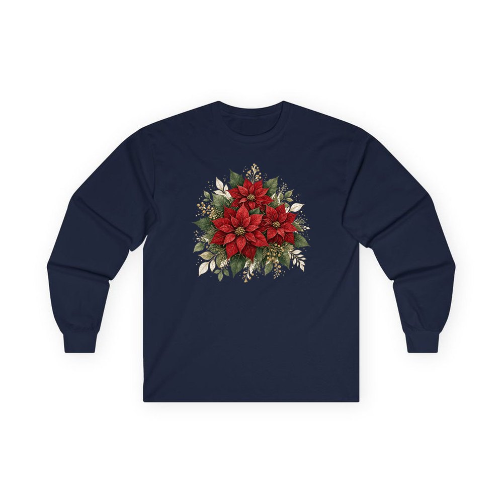 Red Poinsettia Bouquet personalised long sleeve Christmas T-shirt in navy