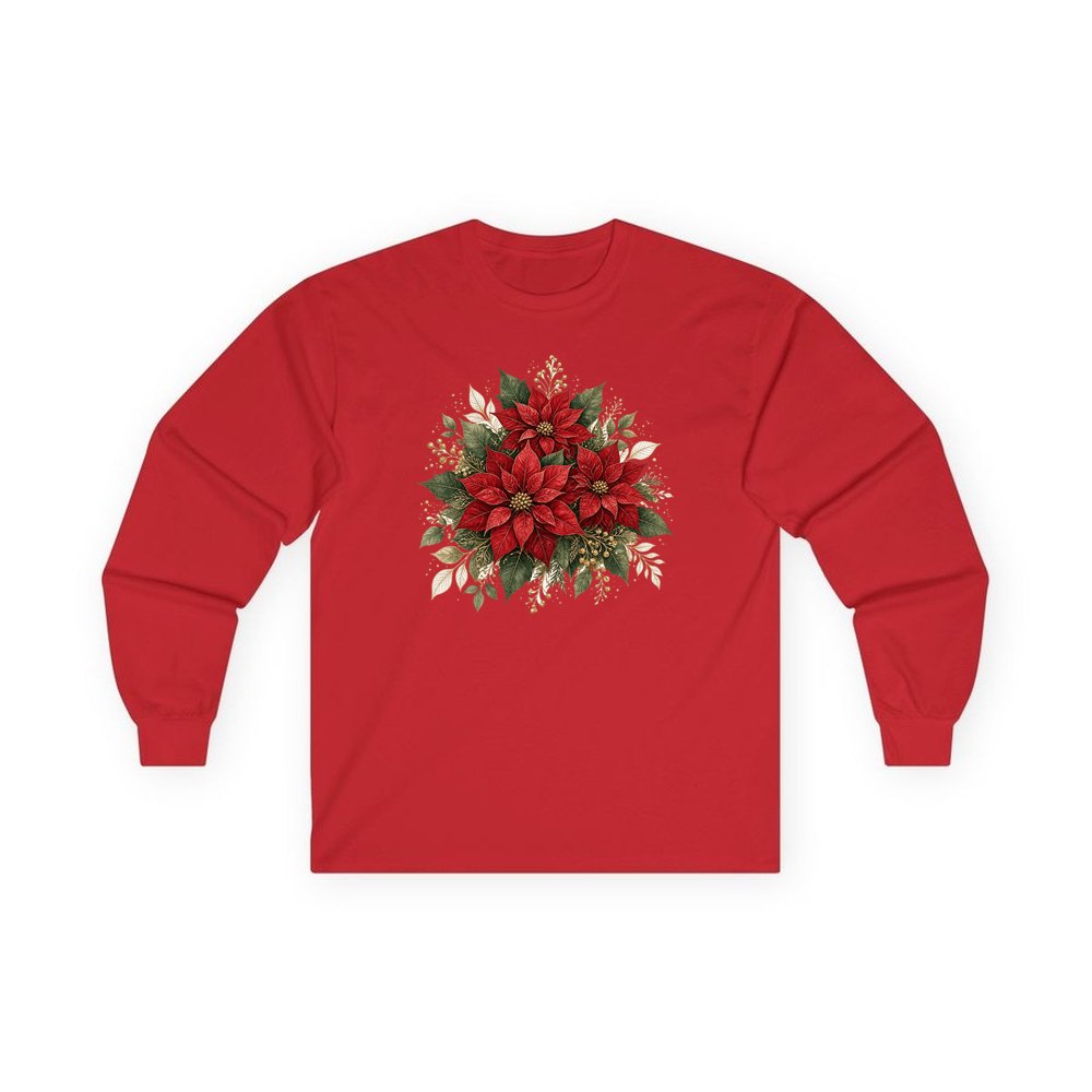 Red Poinsettia Bouquet personalised long sleeve Christmas T-shirt in red
