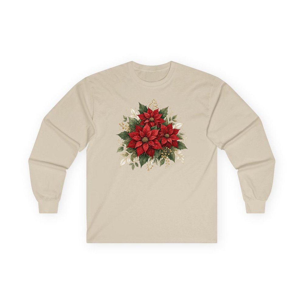 Red Poinsettia Bouquet personalised long sleeve Christmas T-shirt in sand