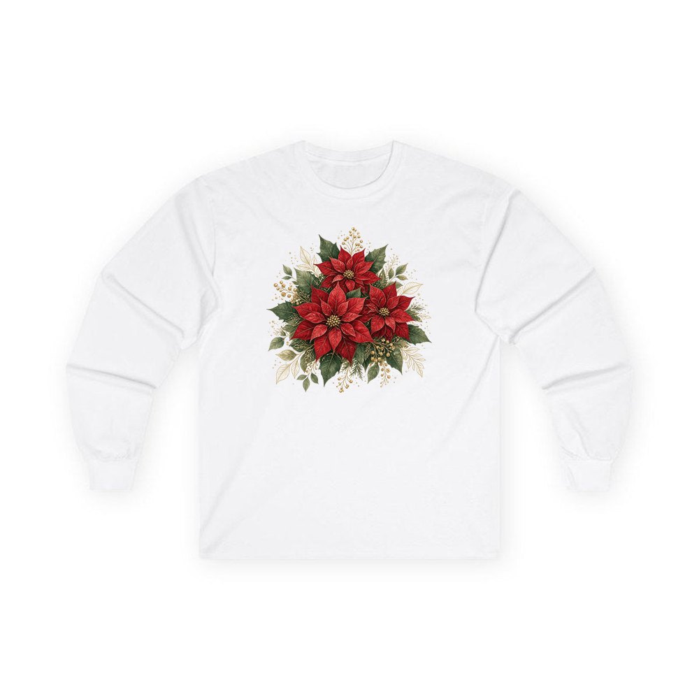 Red Poinsettia Bouquet personalised long sleeve Christmas T-shirt in white