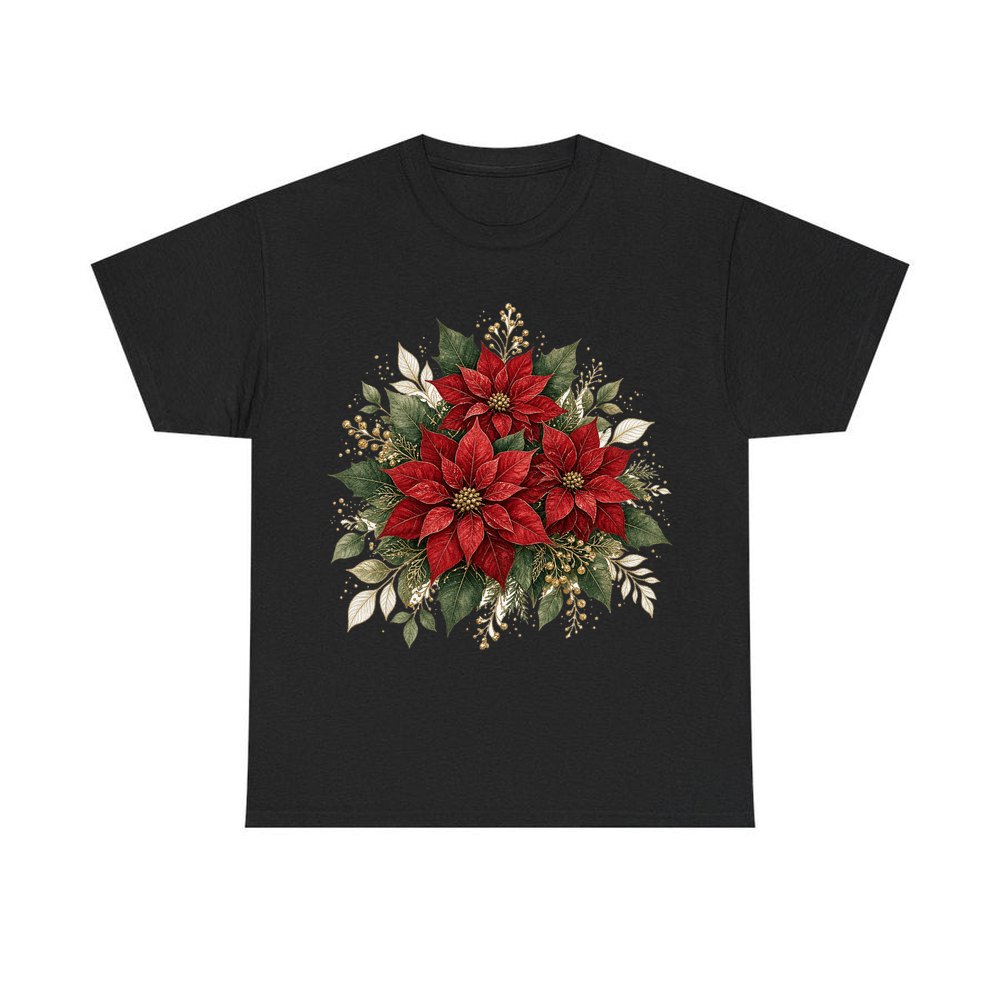 Red Poinsettia Bouquet personalised Christmas T-shirt in black