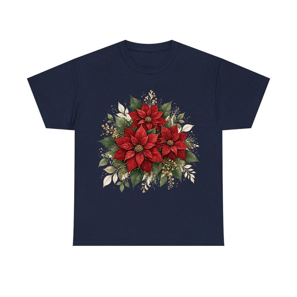 Red Poinsettia Bouquet personalised Christmas T-shirt in navy