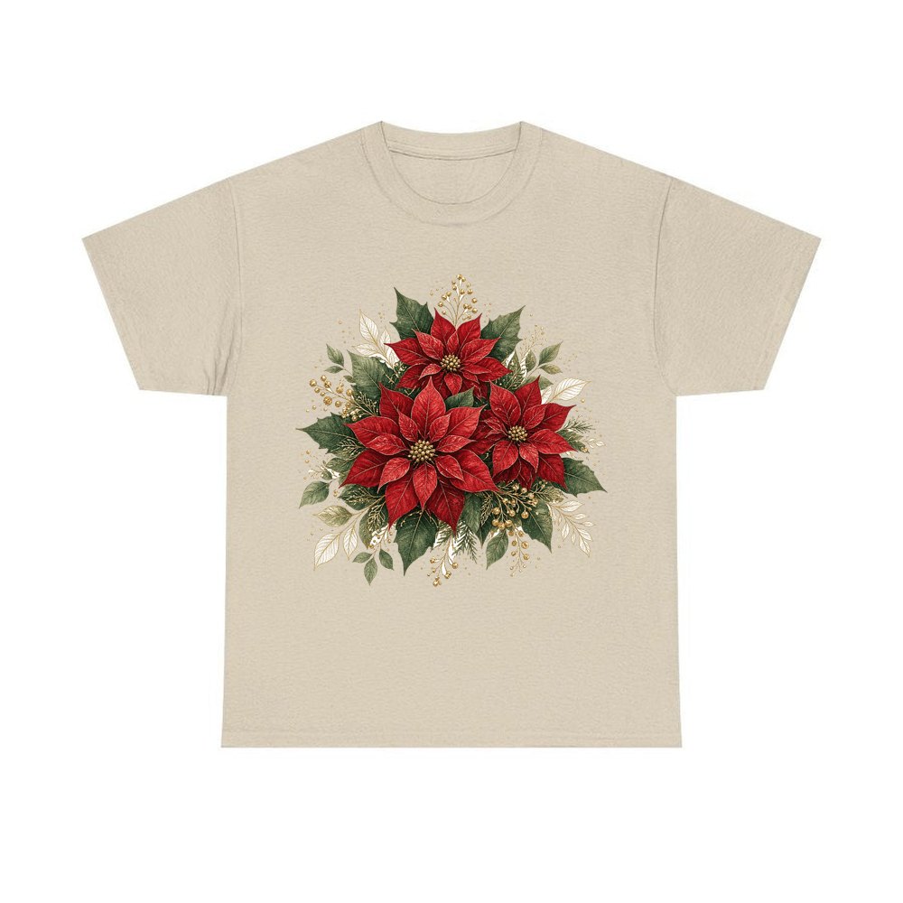 Red Poinsettia Bouquet personalised Christmas T-shirt in sand