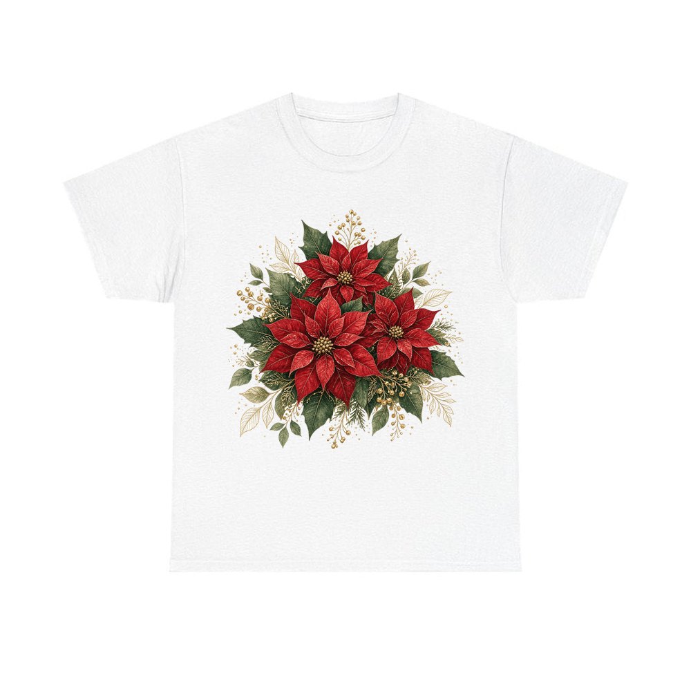 Red Poinsettia Bouquet personalised Christmas T-shirt in white