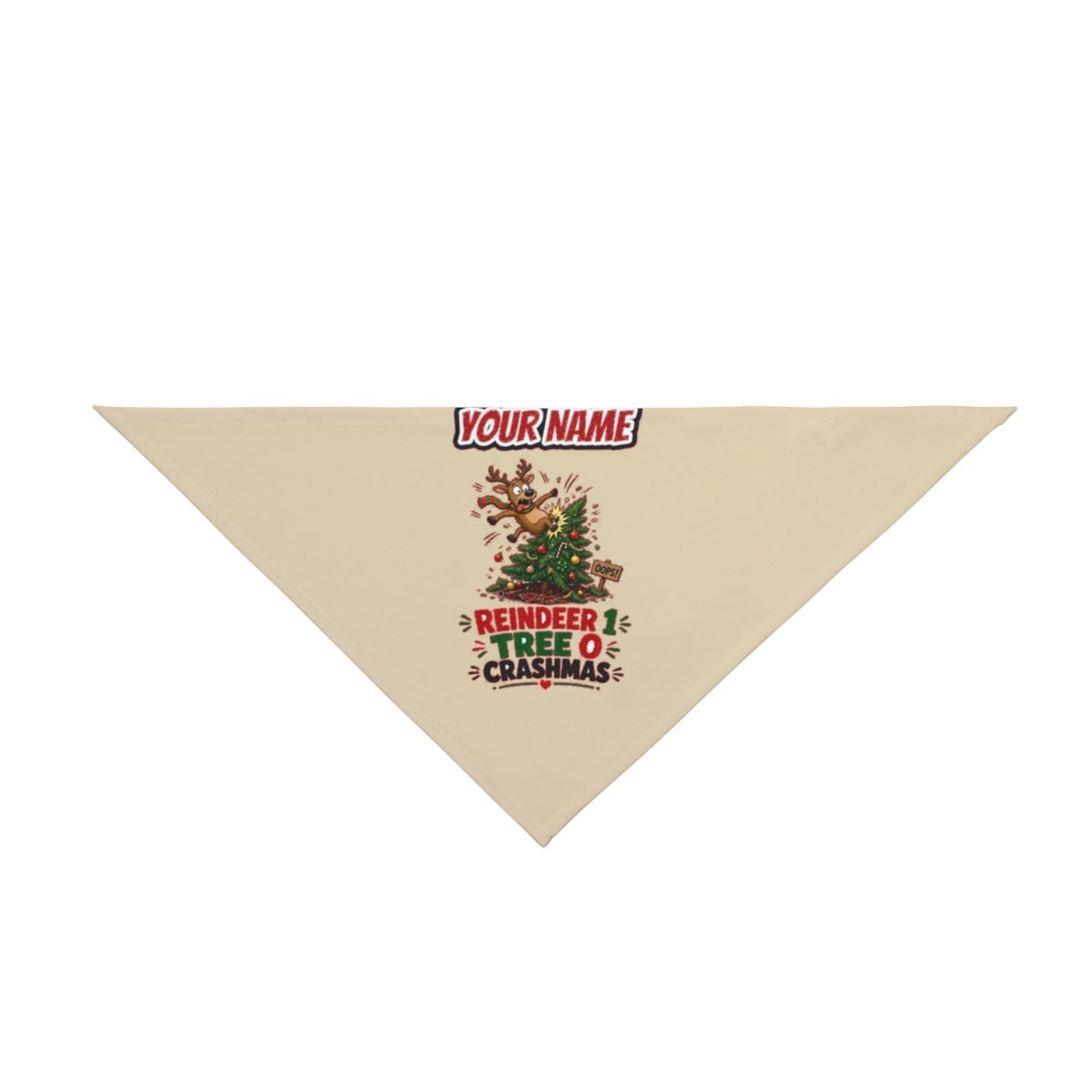 Reindeer 1, Tree 0 personalised Christmas pet bandana in beige, tie-on style