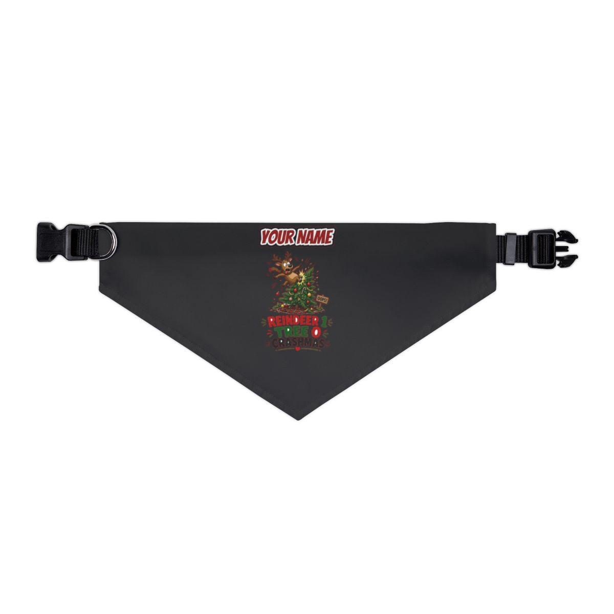 Reindeer 1, Tree 0 personalised Christmas pet bandana in black, collar with buckle
