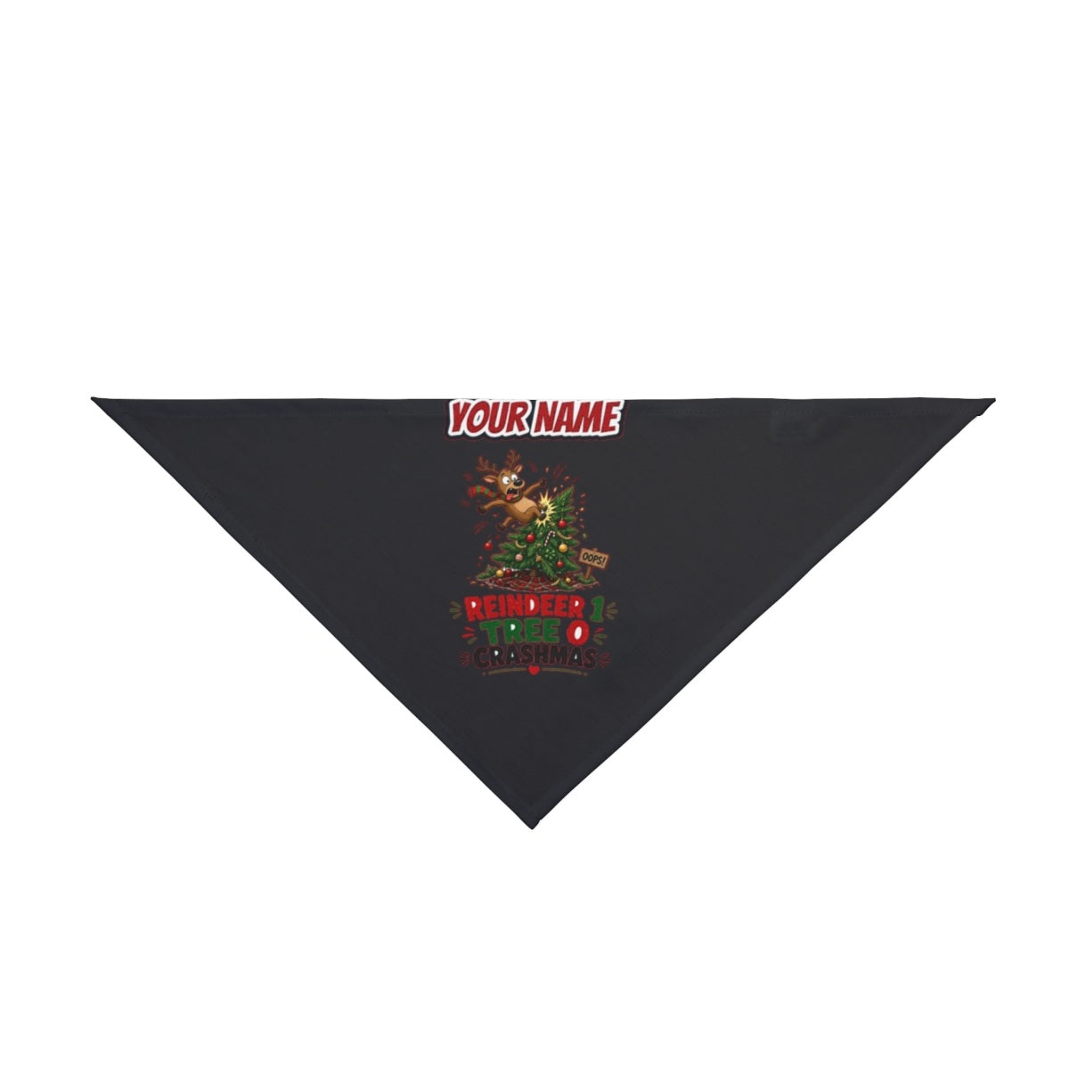 Reindeer 1, Tree 0 personalised Christmas pet bandana in black, tie-on style