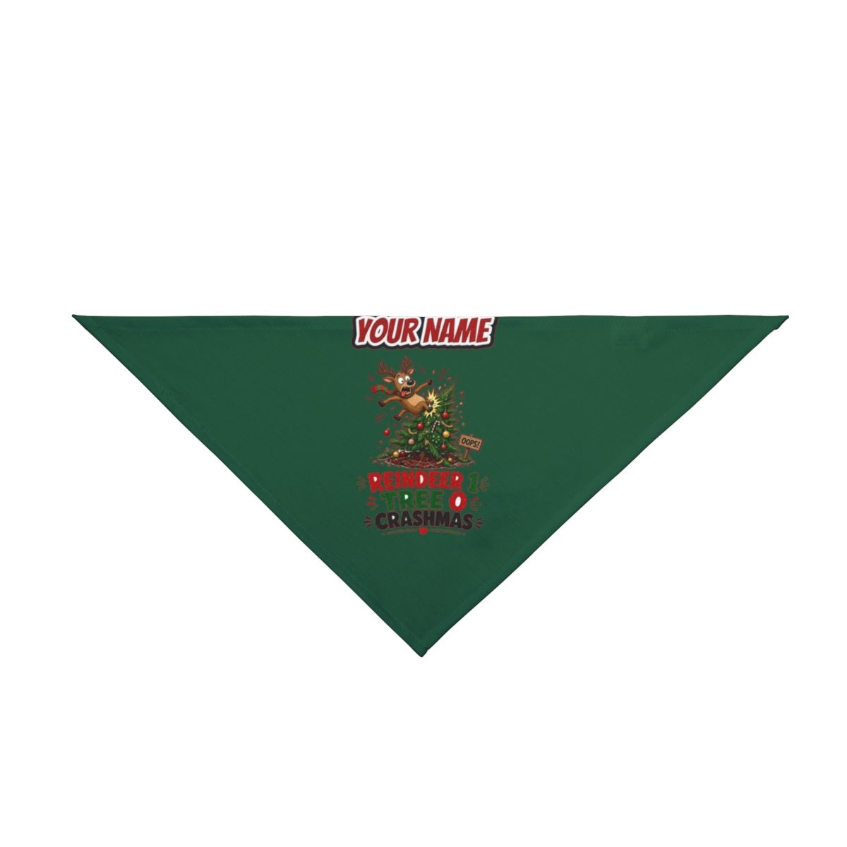 Reindeer 1, Tree 0 personalised Christmas pet bandana in green, tie-on style