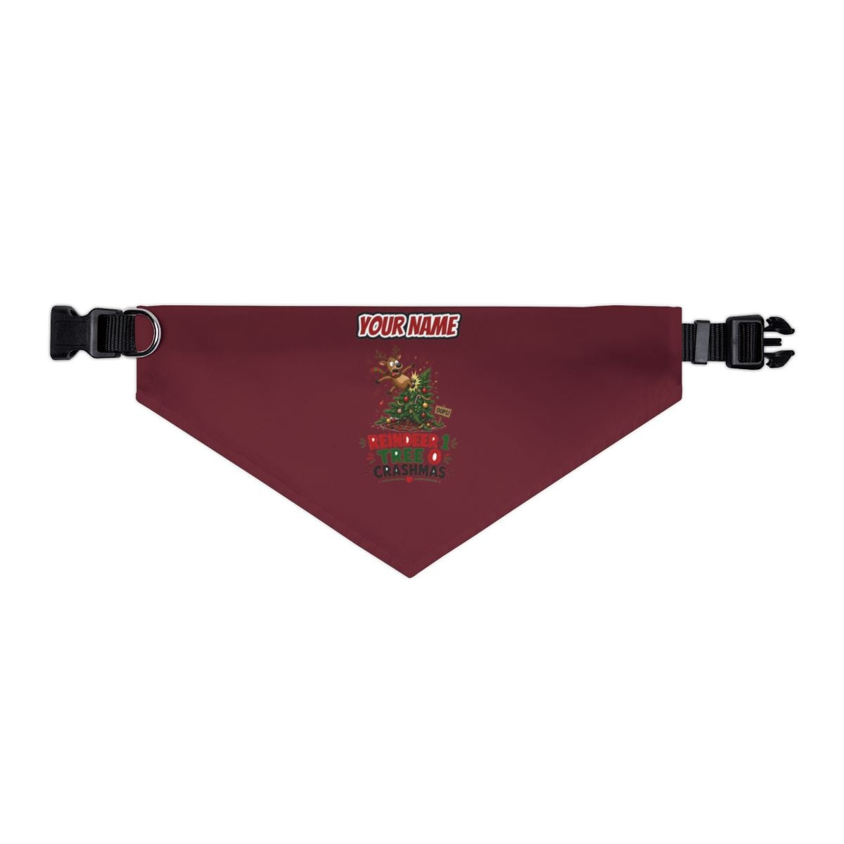 Reindeer 1, Tree 0 personalised Christmas pet bandana in maroon, collar with buckle