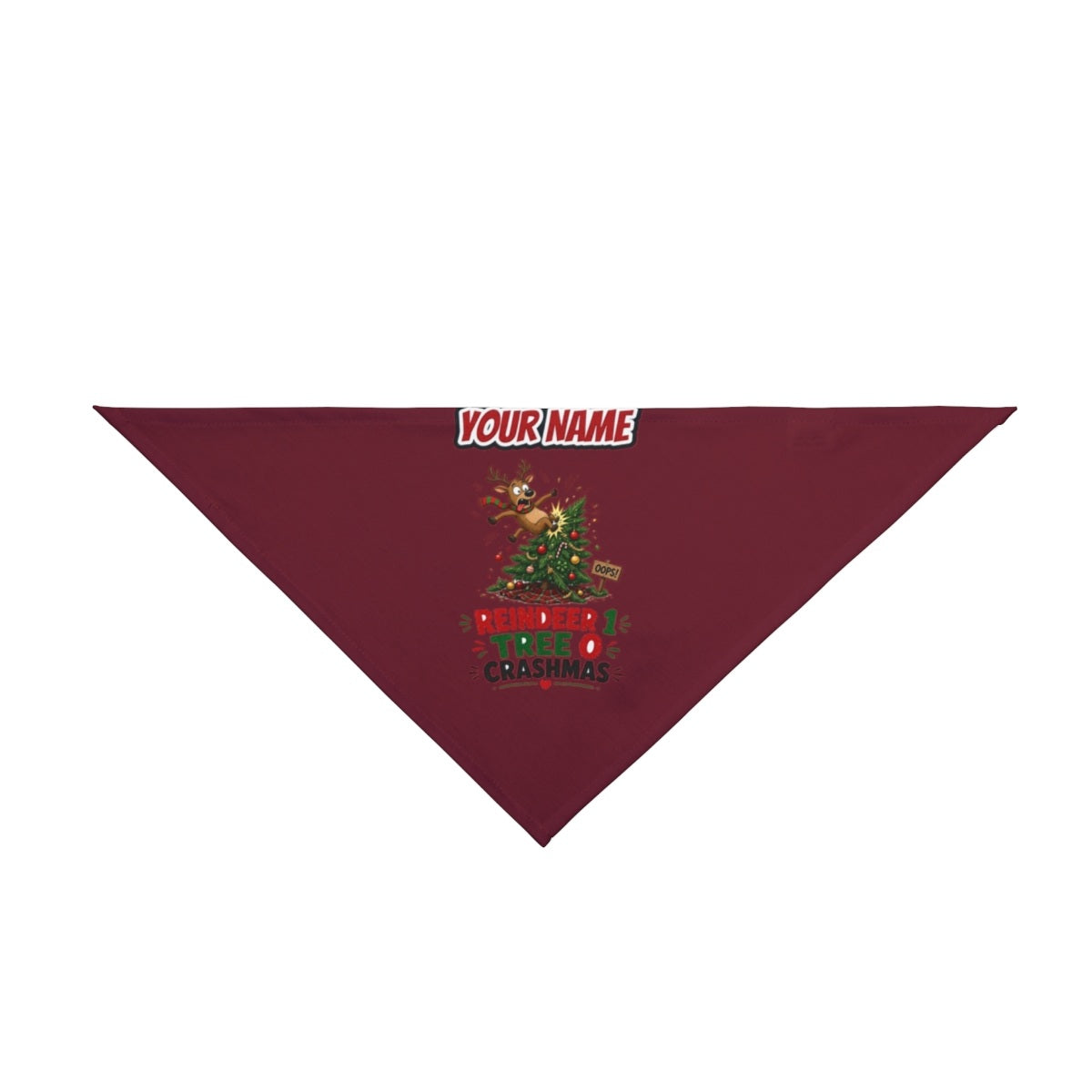 Reindeer 1, Tree 0 personalised Christmas pet bandana in maroon, tie-on style