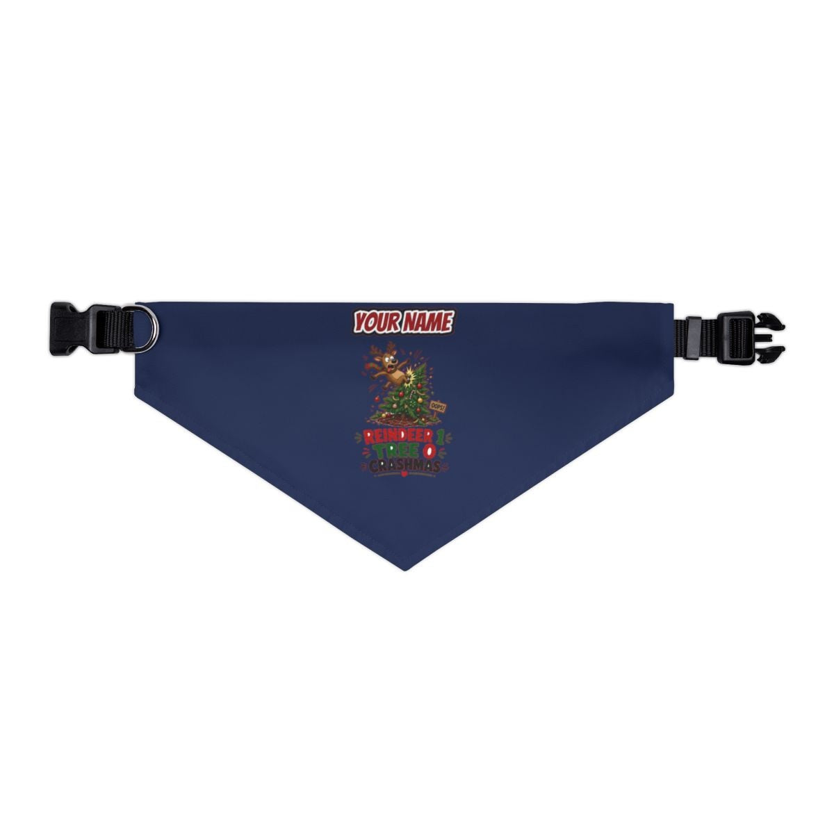 Reindeer 1, Tree 0 personalised Christmas pet bandana in navy, collar with buckle