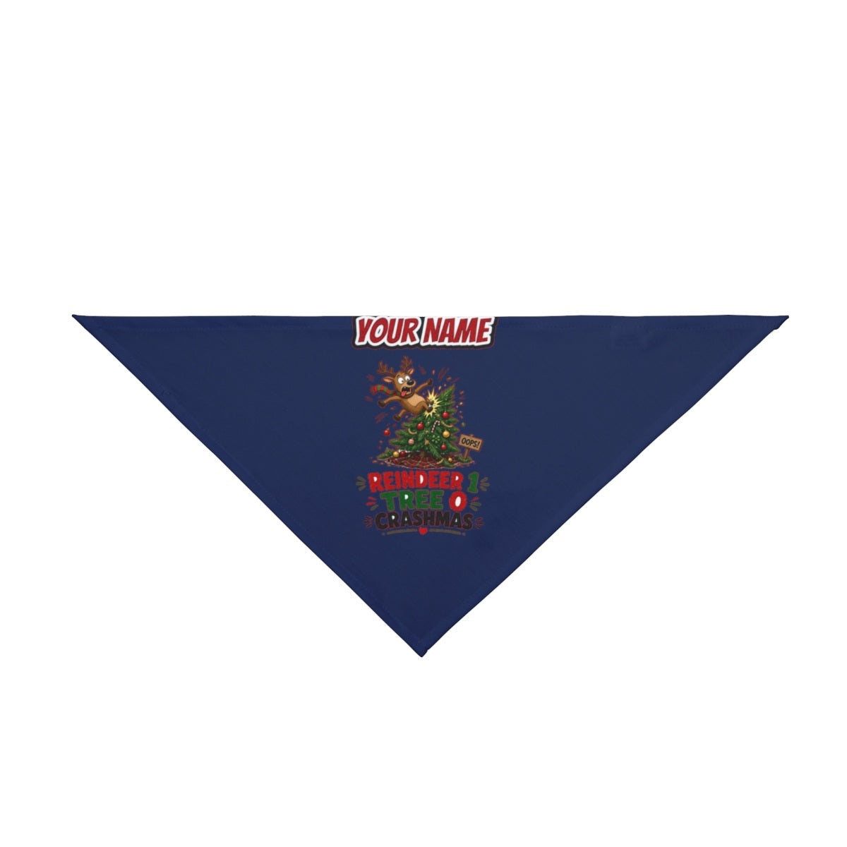 Reindeer 1, Tree 0 personalised Christmas pet bandana in navy, tie-on style