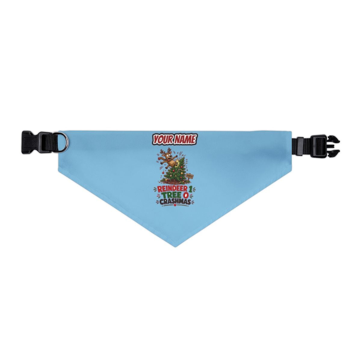Reindeer 1, Tree 0 personalised Christmas pet bandana in sky blue, collar with buckle