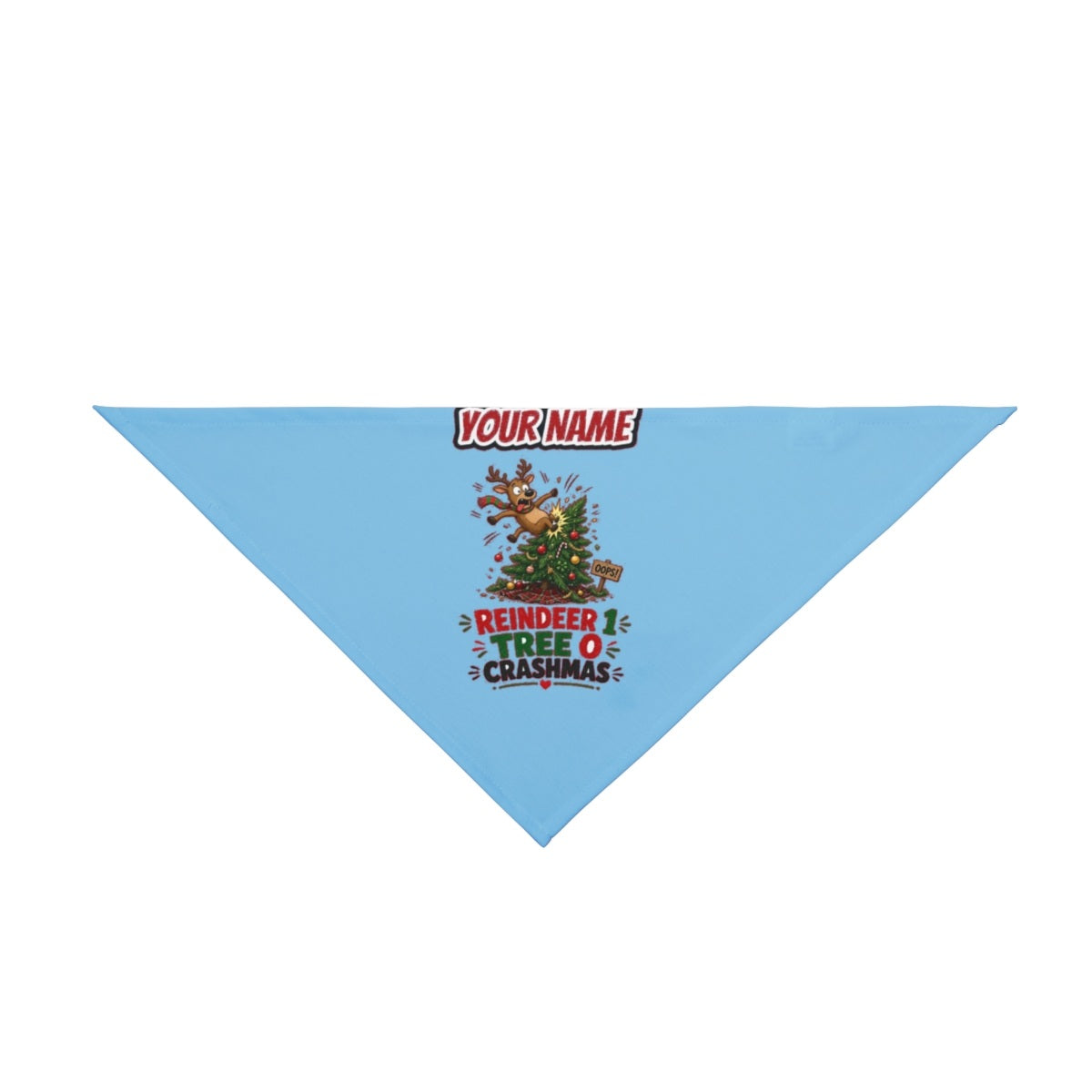 Reindeer 1, Tree 0 personalised Christmas pet bandana in sky blue, tie-on style