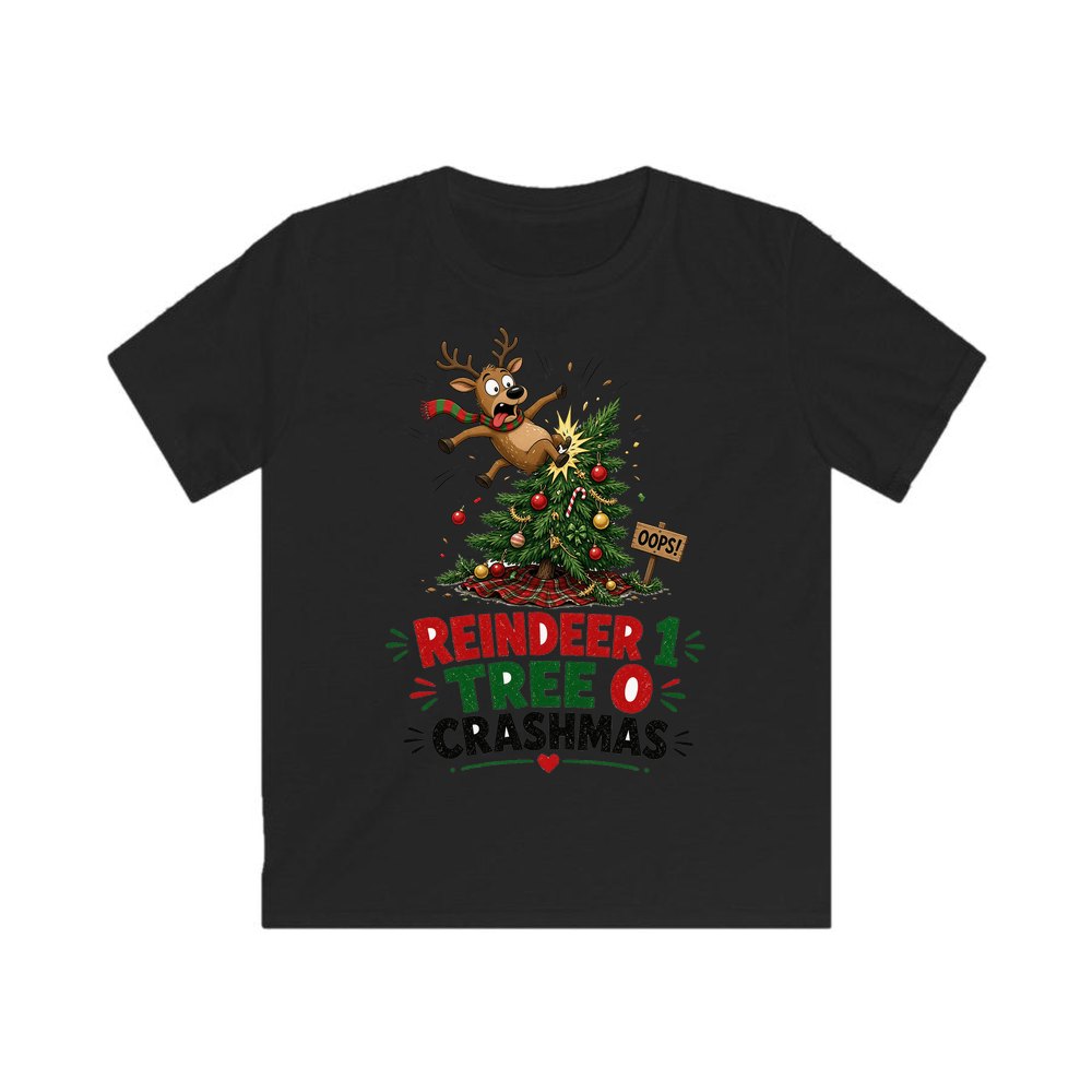 Reindeer 1, Tree 0 personalised kids Christmas tee in black