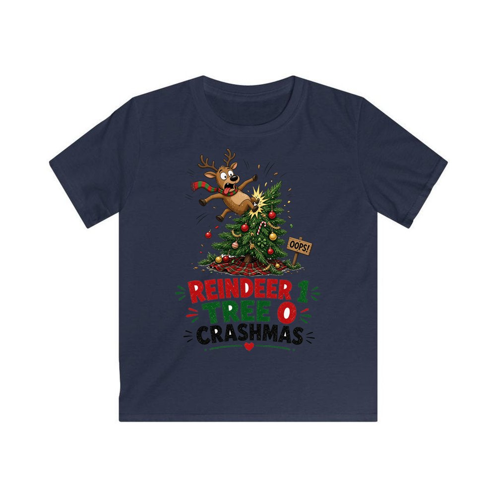 Reindeer 1, Tree 0 personalised kids Christmas tee in navy