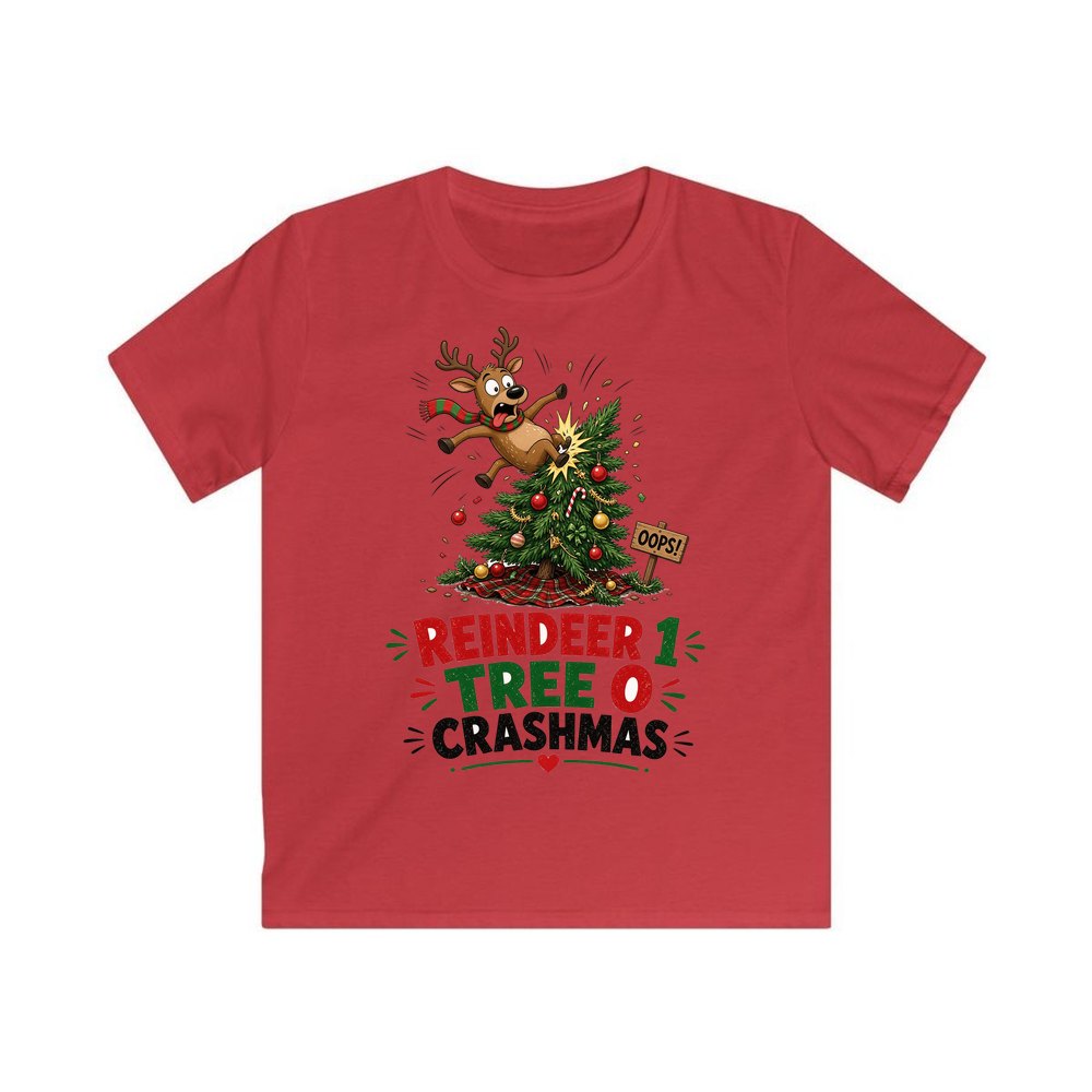 Reindeer 1, Tree 0 personalised kids Christmas tee in red