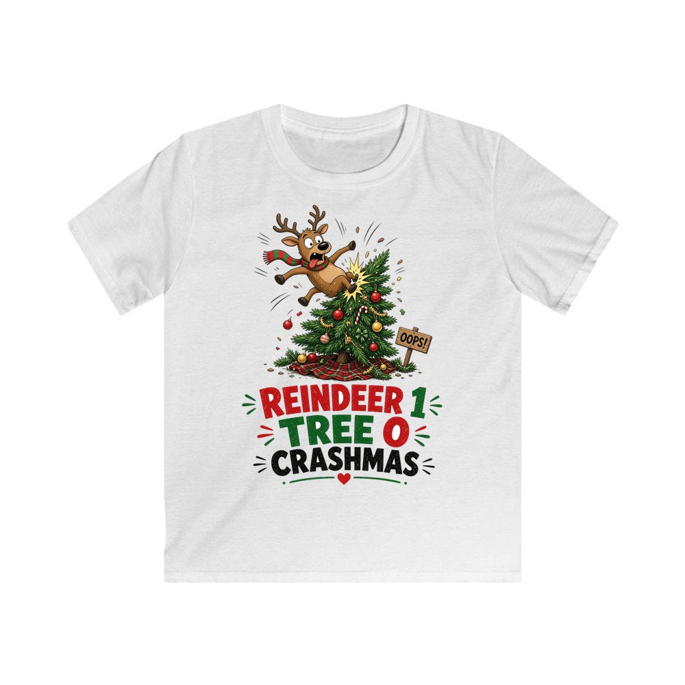 Reindeer 1, Tree 0 personalised kids Christmas tee in white