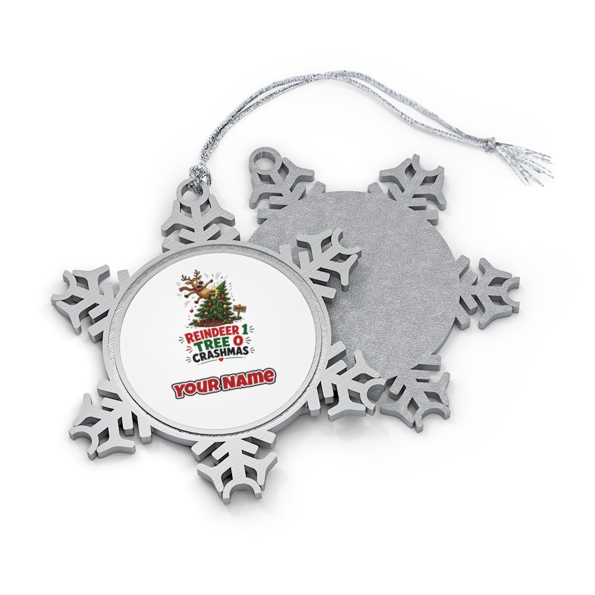 Reindeer 1, Tree 0 Personalised Pewter Christmas Ornament