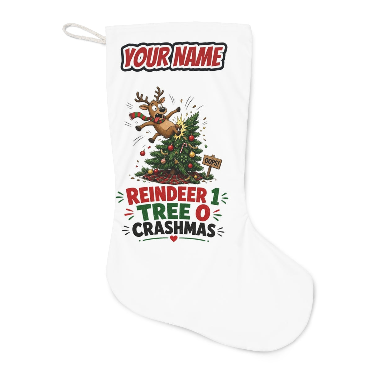 Reindeer 1, Tree 0 Christmas stocking laid flat, showing the full print