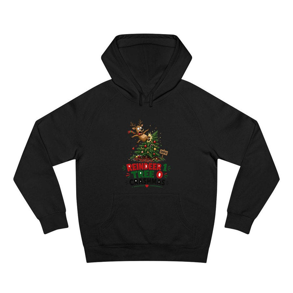 Reindeer 1, Tree 0 personalised Christmas hoodie in black