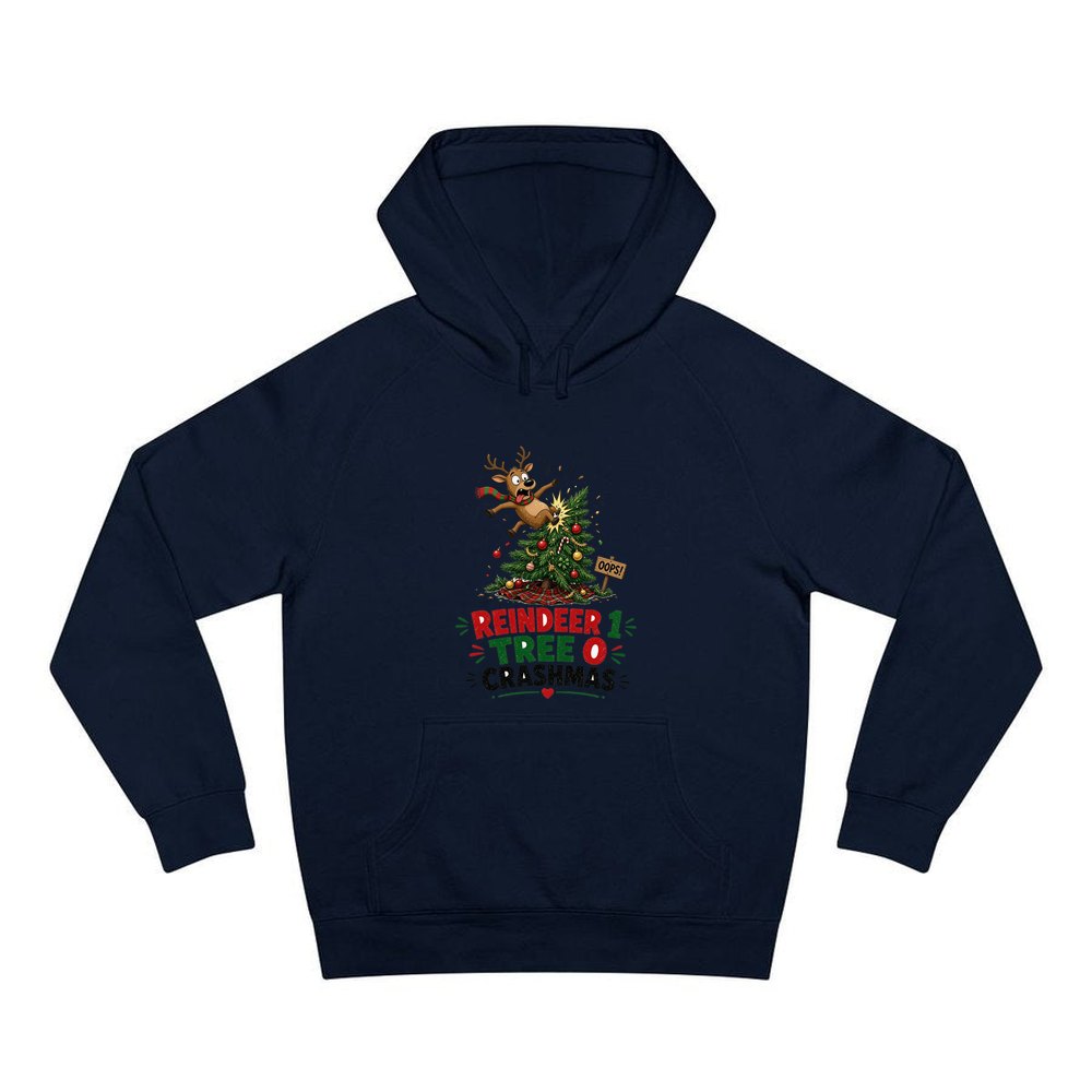 Reindeer 1, Tree 0 personalised Christmas hoodie in navy