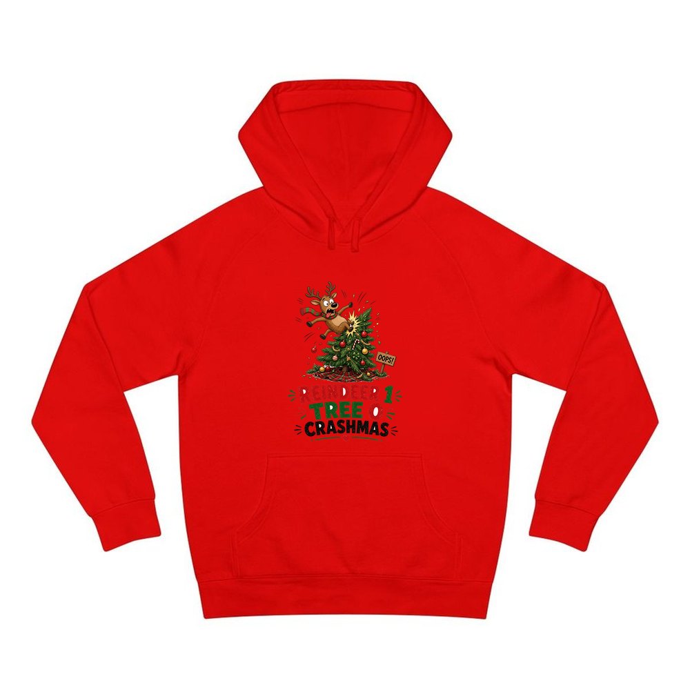 Reindeer 1, Tree 0 personalised Christmas hoodie in red