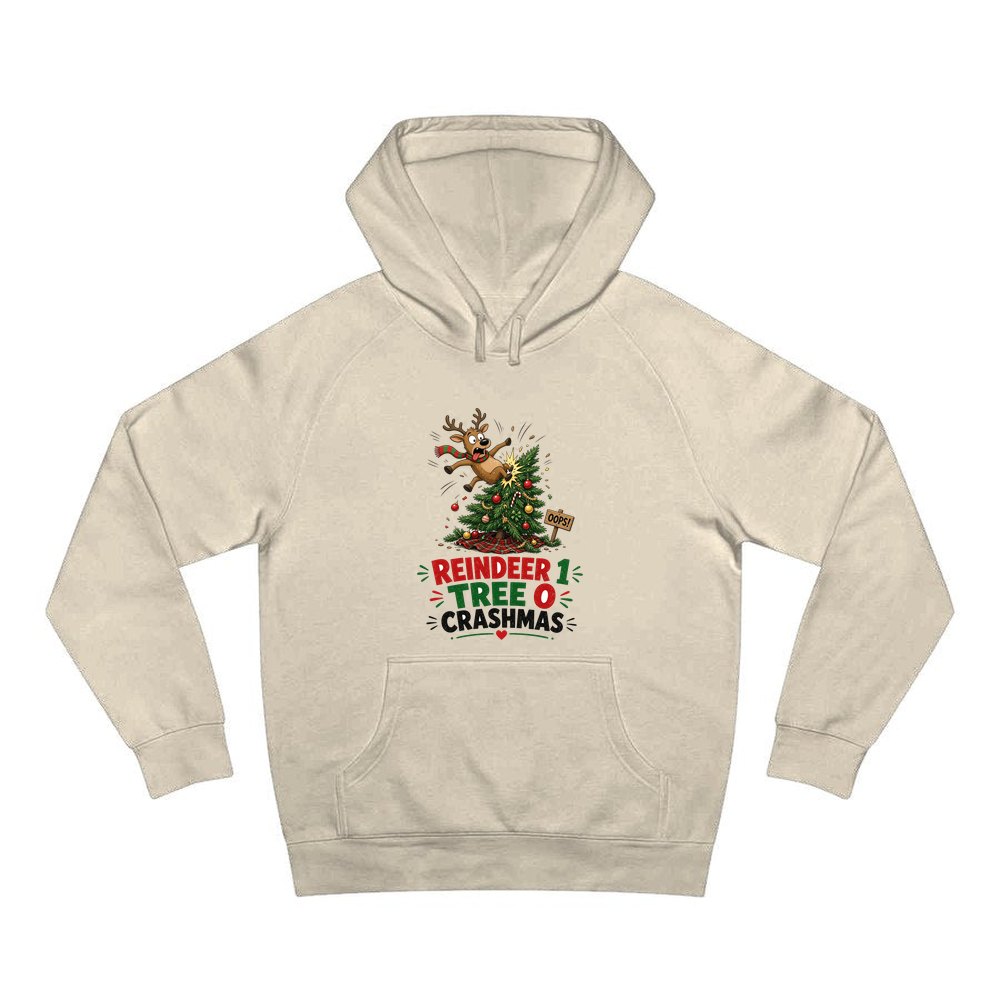 Reindeer 1, Tree 0 personalised Christmas hoodie in sand