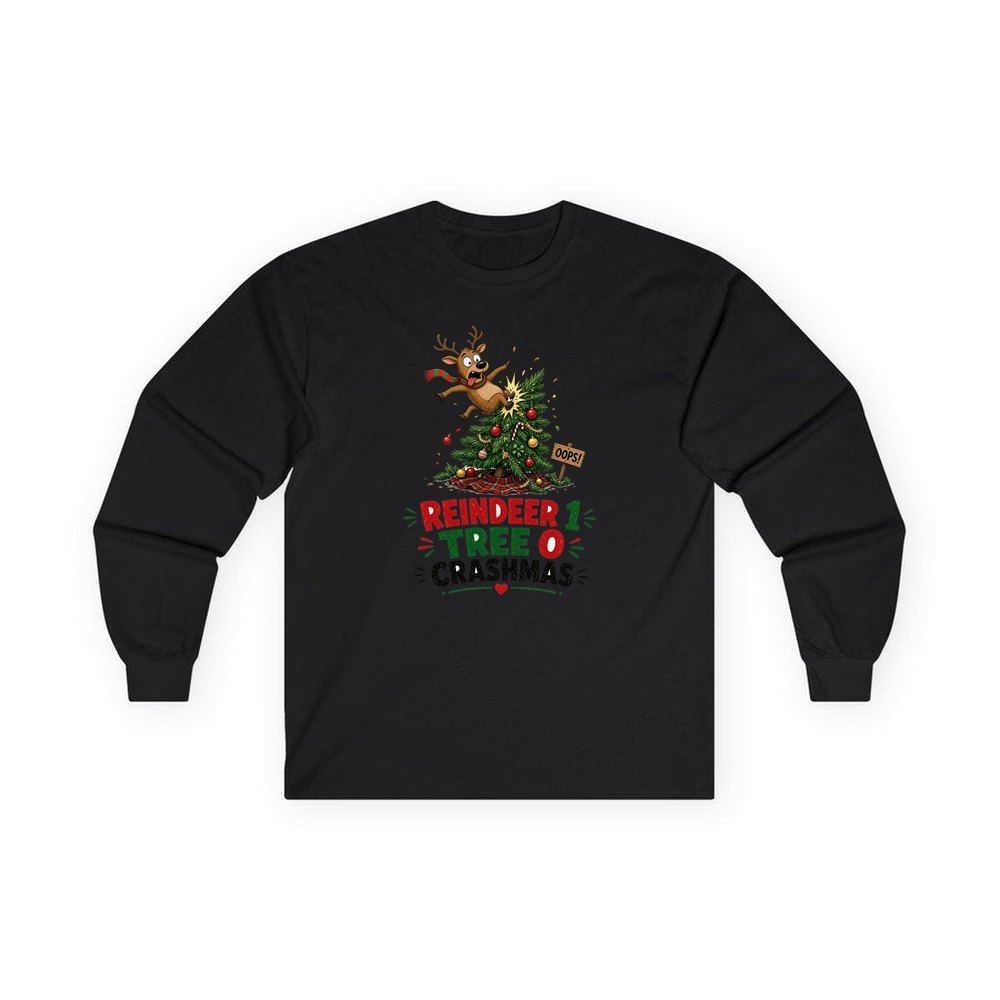 Reindeer 1, Tree 0 personalised long sleeve Christmas T-shirt in black