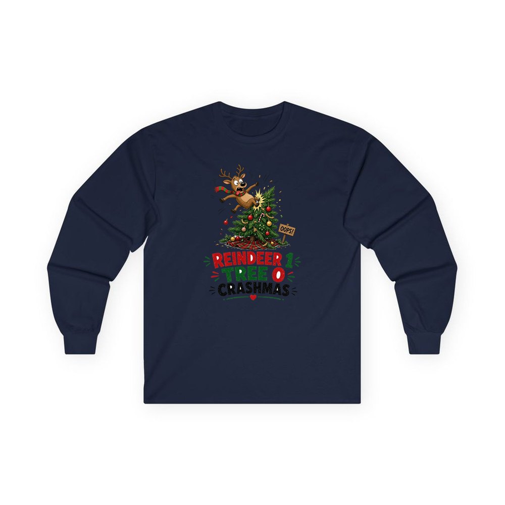 Reindeer 1, Tree 0 personalised long sleeve Christmas T-shirt in navy
