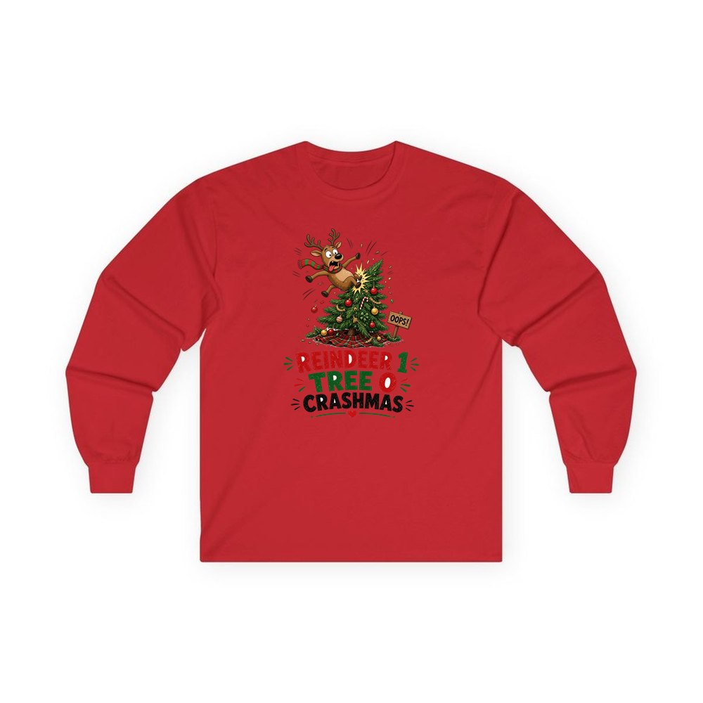 Reindeer 1, Tree 0 personalised long sleeve Christmas T-shirt in red