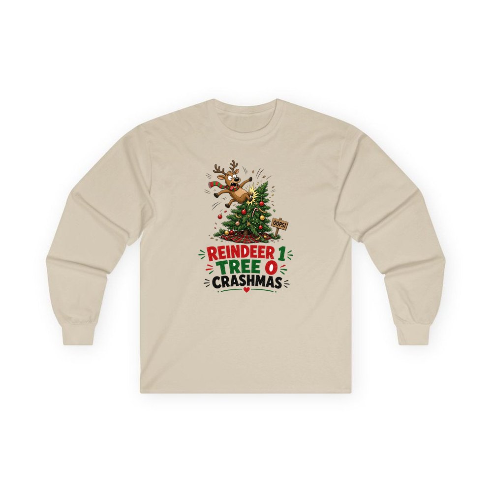 Reindeer 1, Tree 0 personalised long sleeve Christmas T-shirt in sand