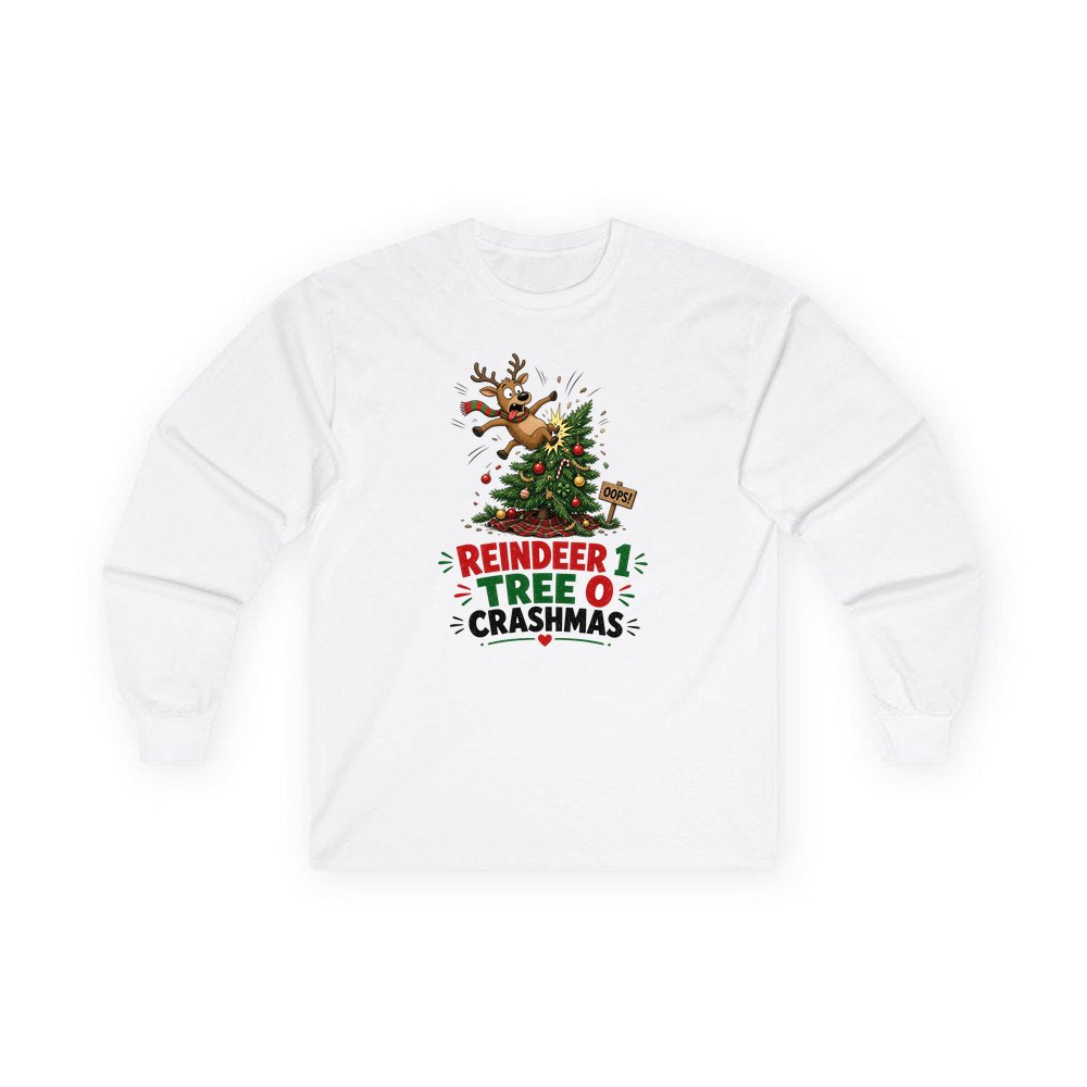 Reindeer 1, Tree 0 personalised long sleeve Christmas T-shirt in white