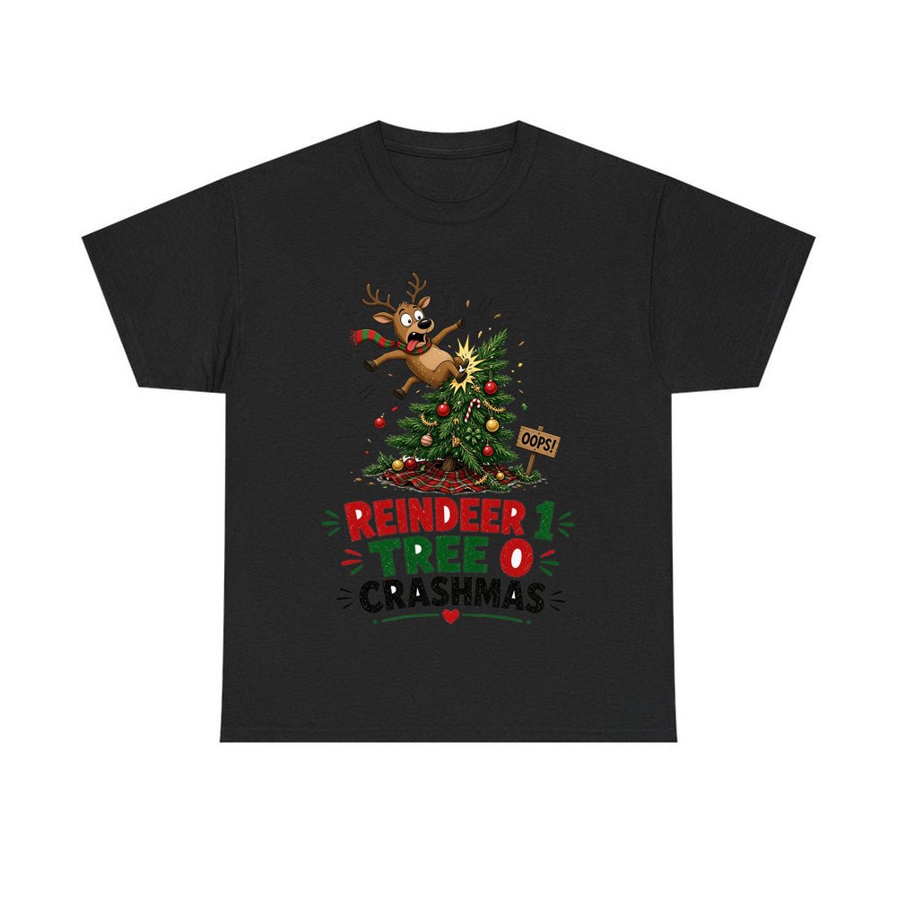 Reindeer 1, Tree 0 personalised Christmas T-shirt in black