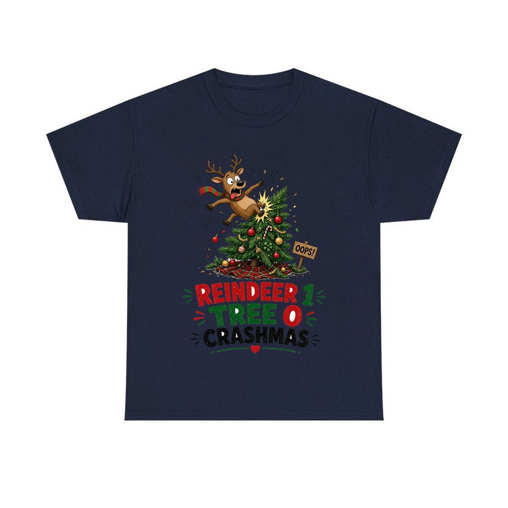 Reindeer 1, Tree 0 personalised Christmas T-shirt in navy