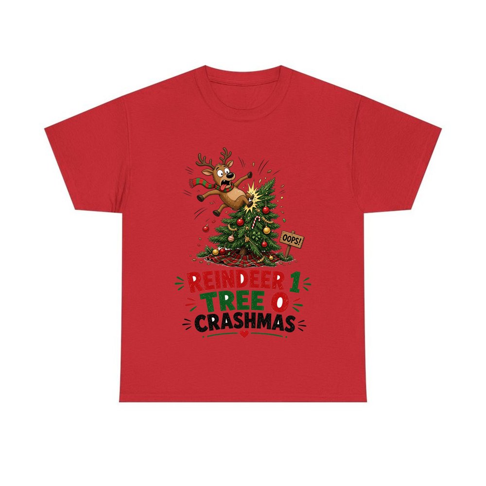 Reindeer 1, Tree 0 personalised Christmas T-shirt in red