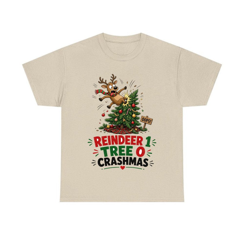 Reindeer 1, Tree 0 personalised Christmas T-shirt in sand