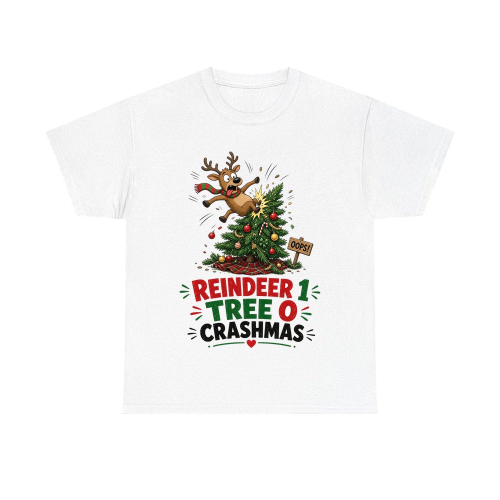 Reindeer 1, Tree 0 personalised Christmas T-shirt in white