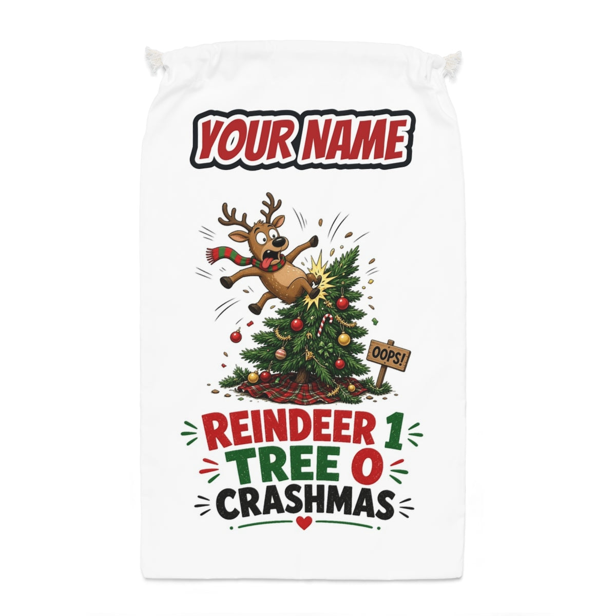 Reindeer 1, Tree 0 Santa sack laid flat, showing the full print