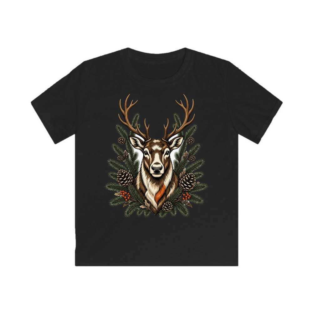 Reindeer Among Pine Branches personalised kids Christmas tee in black