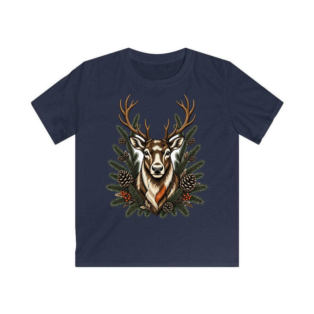 Reindeer Among Pine Branches personalised kids Christmas tee in navy