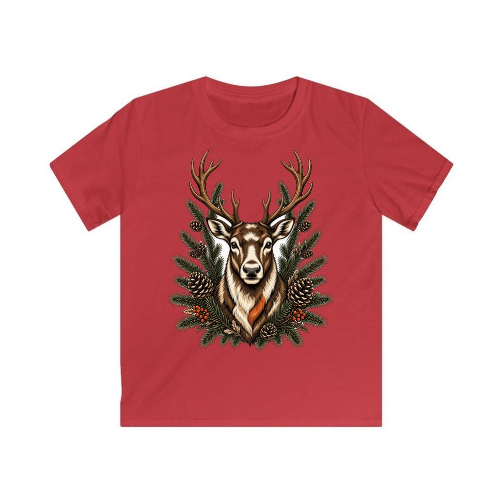Reindeer Among Pine Branches personalised kids Christmas tee in red
