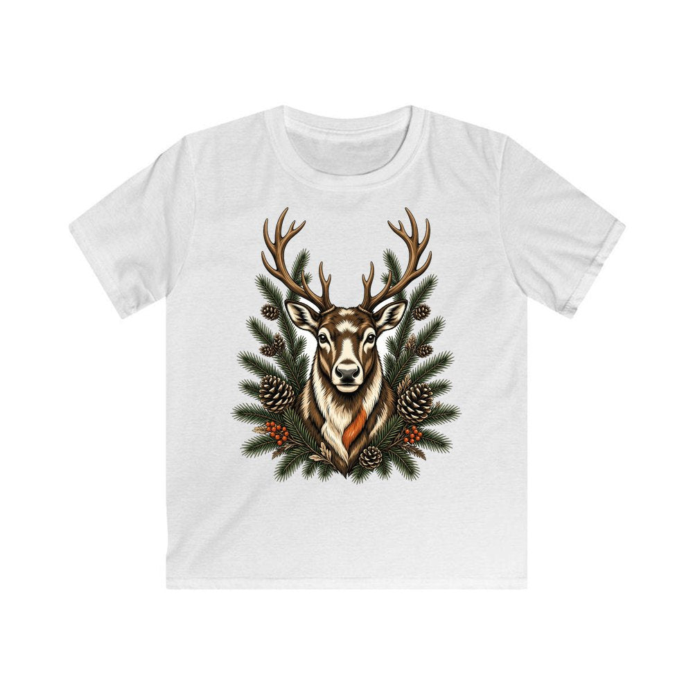 Reindeer Among Pine Branches personalised kids Christmas tee in white