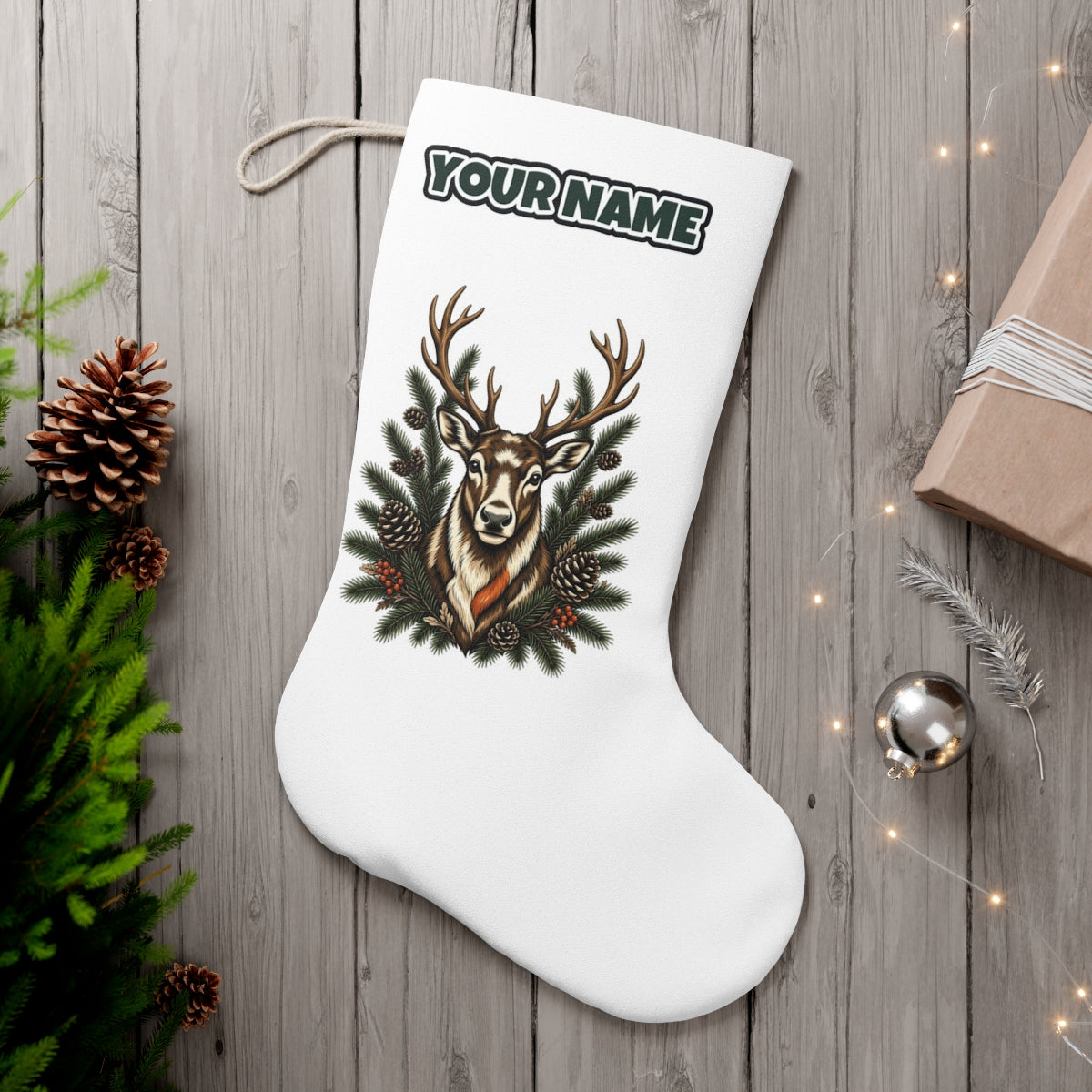 Reindeer Among Pine Branches personalised Christmas stocking, white, with the name across the top