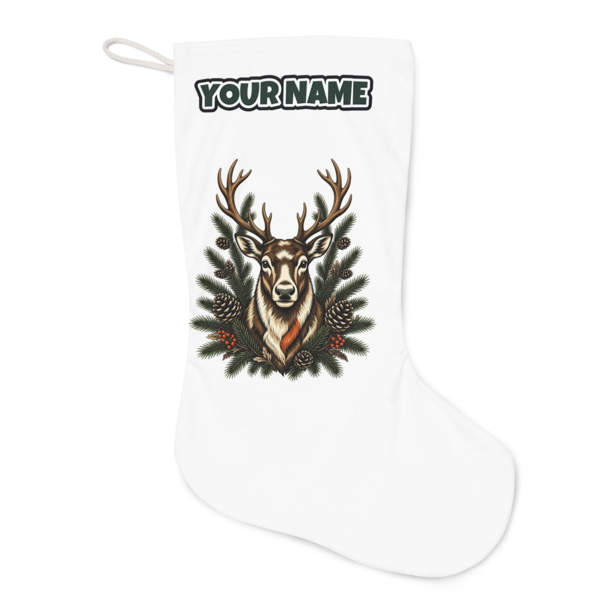 Reindeer Among Pine Branches Christmas stocking laid flat, showing the full print